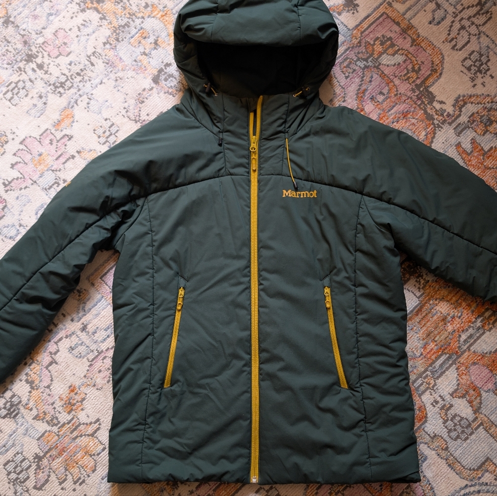 Marmot Green Hooded Jacket with Yellow Accents